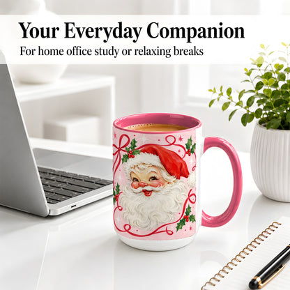 #pl[15oz|Pink] Pink Santa Christmas Ceramic Mug with Holly and Ribbon Holiday Artwork