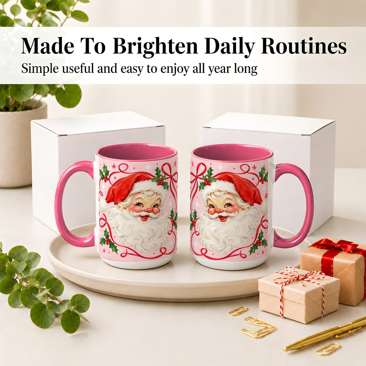 #pl[15oz|Pink] Pink Santa Christmas Ceramic Mug with Holly and Ribbon Holiday Artwork