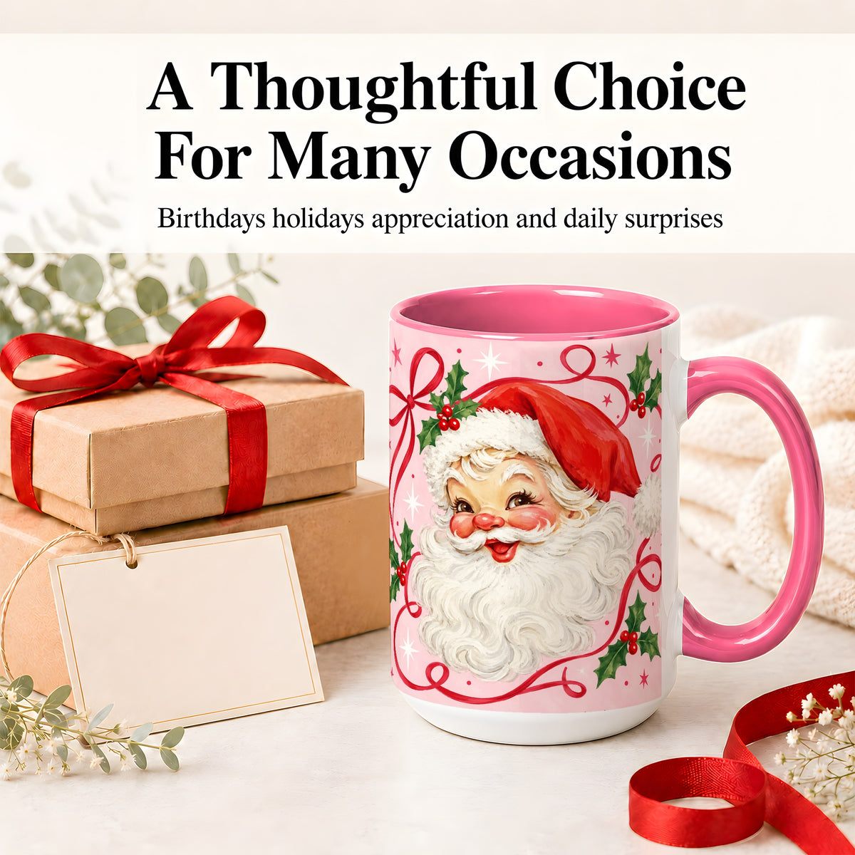 #pl[15oz|Pink] Pink Santa Christmas Ceramic Mug with Holly and Ribbon Holiday Artwork