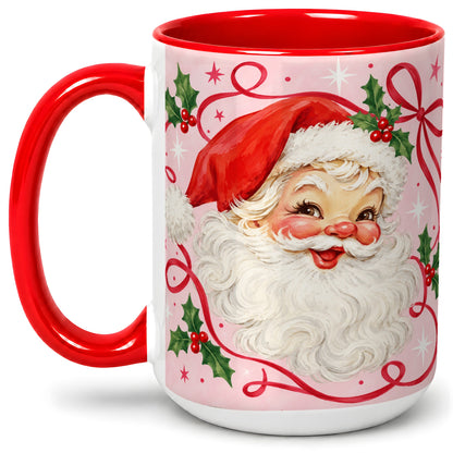 #pl[15oz|Red] Pink Santa Christmas Ceramic Mug with Holly and Ribbon Holiday Artwork
