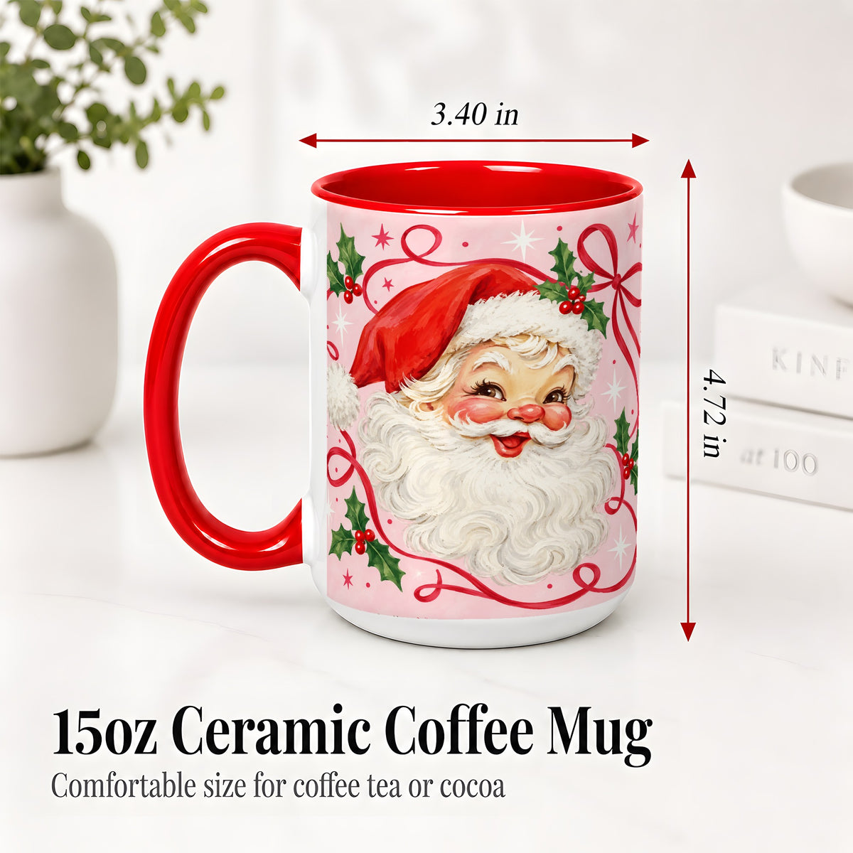 #pl[15oz|Red] Pink Santa Christmas Ceramic Mug with Holly and Ribbon Holiday Artwork