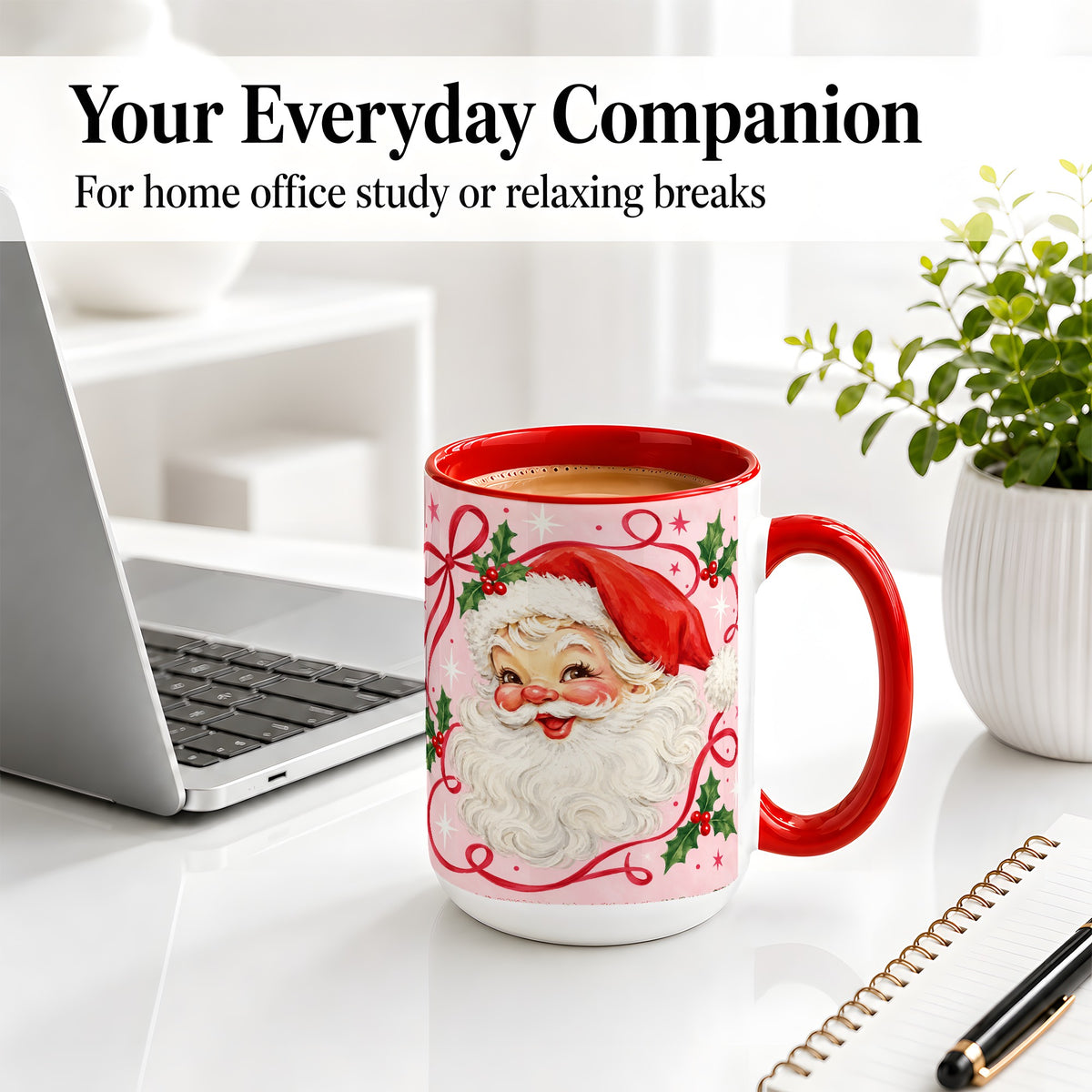 #pl[15oz|Red] Pink Santa Christmas Ceramic Mug with Holly and Ribbon Holiday Artwork