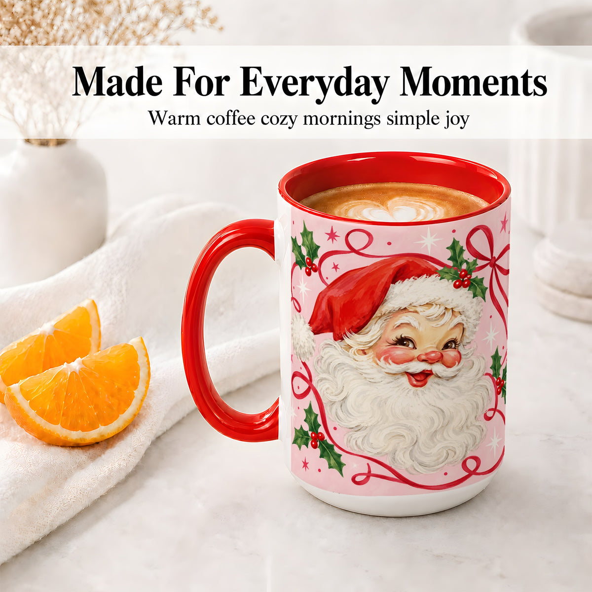 #pl[15oz|Red] Pink Santa Christmas Ceramic Mug with Holly and Ribbon Holiday Artwork