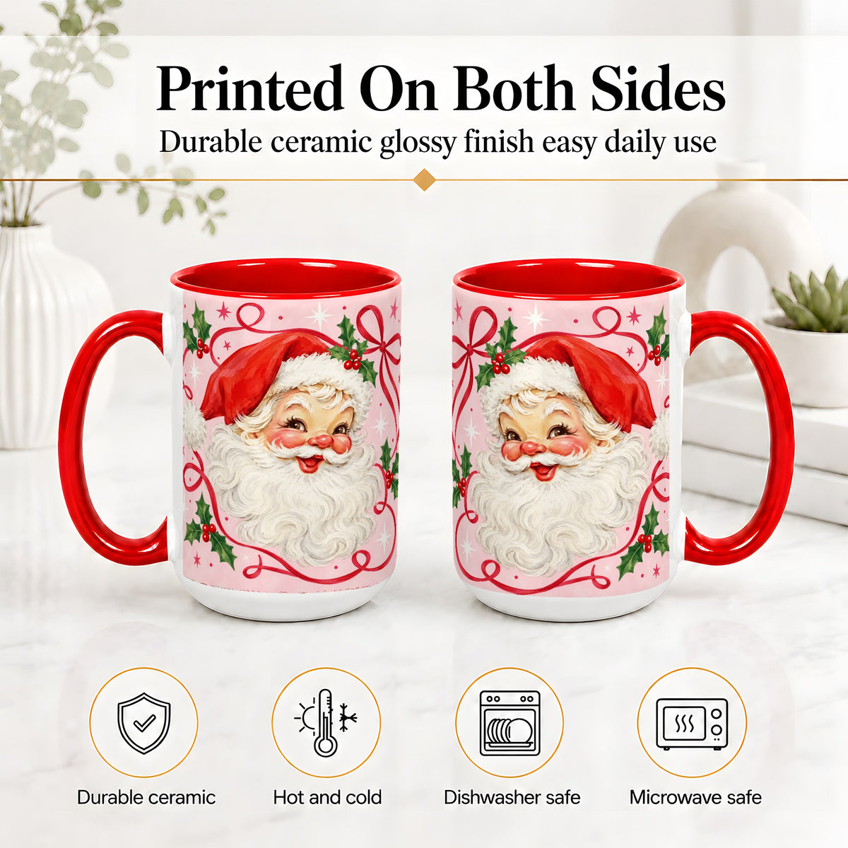 #pl[15oz|Red] Pink Santa Christmas Ceramic Mug with Holly and Ribbon Holiday Artwork