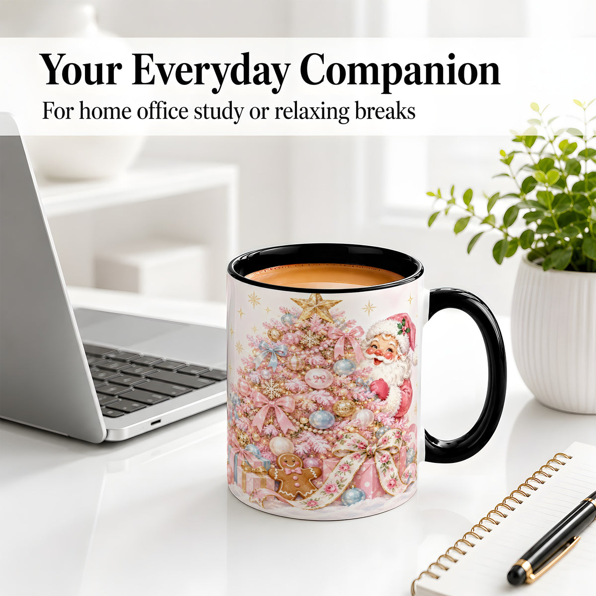 #pl[11oz|Black] Pink Christmas Tree Santa Ceramic Mug with Gingerbread Holiday Artwork