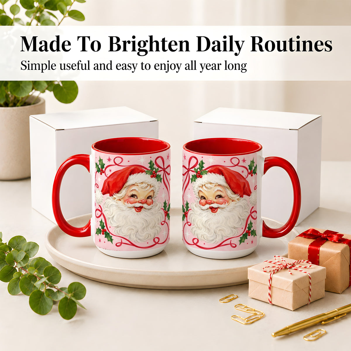 #pl[15oz|Red] Pink Santa Christmas Ceramic Mug with Holly and Ribbon Holiday Artwork
