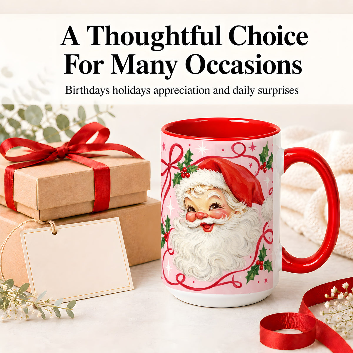 #pl[15oz|Red] Pink Santa Christmas Ceramic Mug with Holly and Ribbon Holiday Artwork