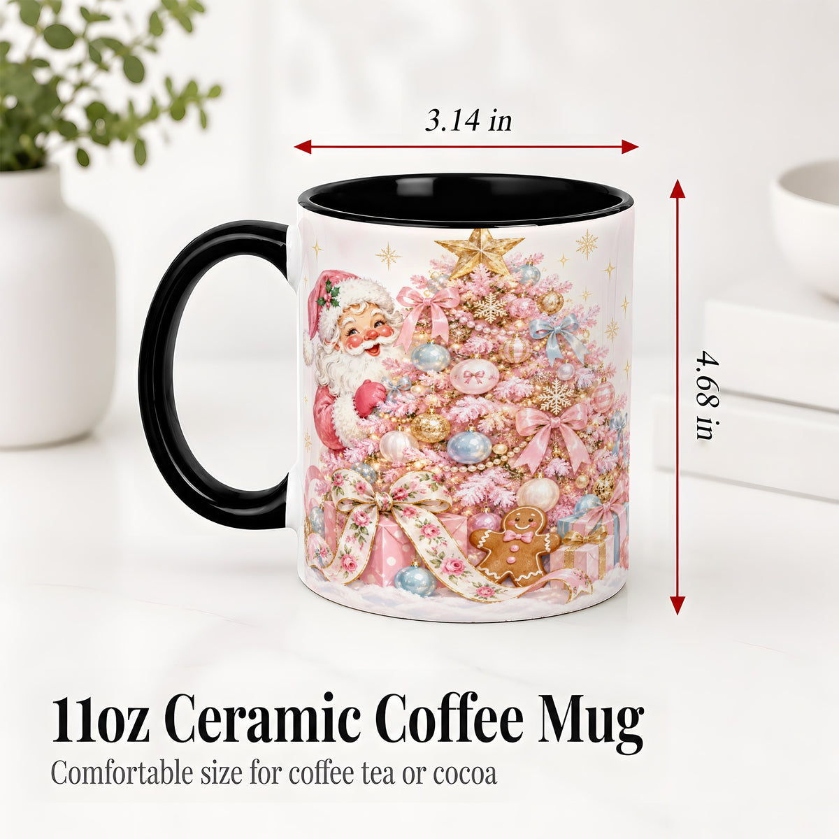#pl[11oz|Black] Pink Christmas Tree Santa Ceramic Mug with Gingerbread Holiday Artwork