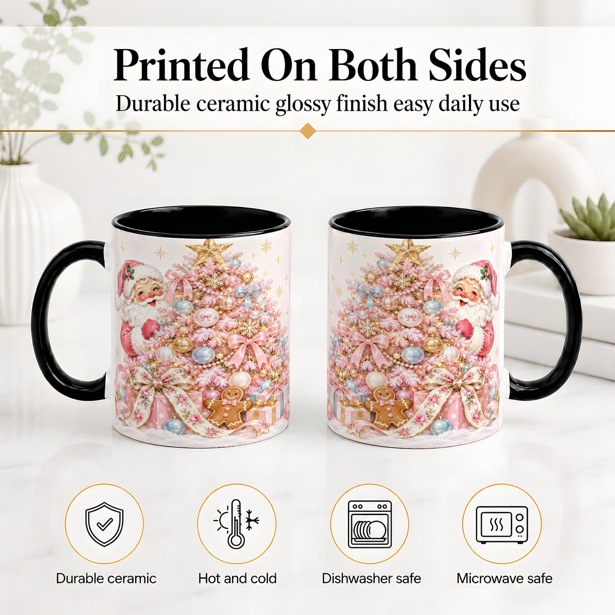 #pl[11oz|Black] Pink Christmas Tree Santa Ceramic Mug with Gingerbread Holiday Artwork