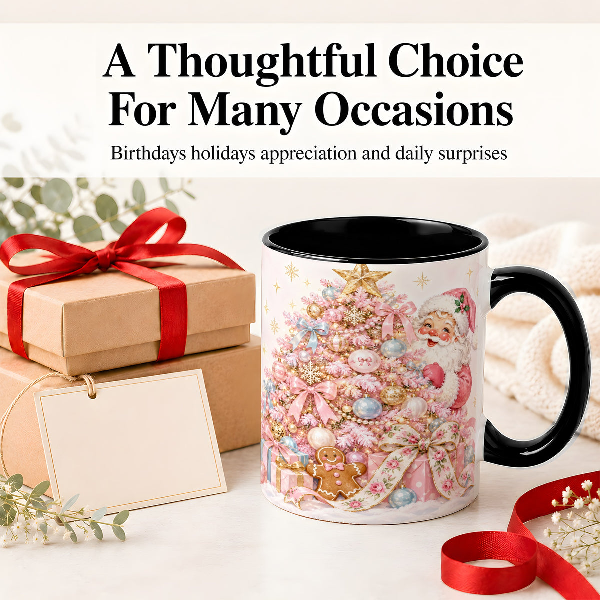 #pl[11oz|Black] Pink Christmas Tree Santa Ceramic Mug with Gingerbread Holiday Artwork