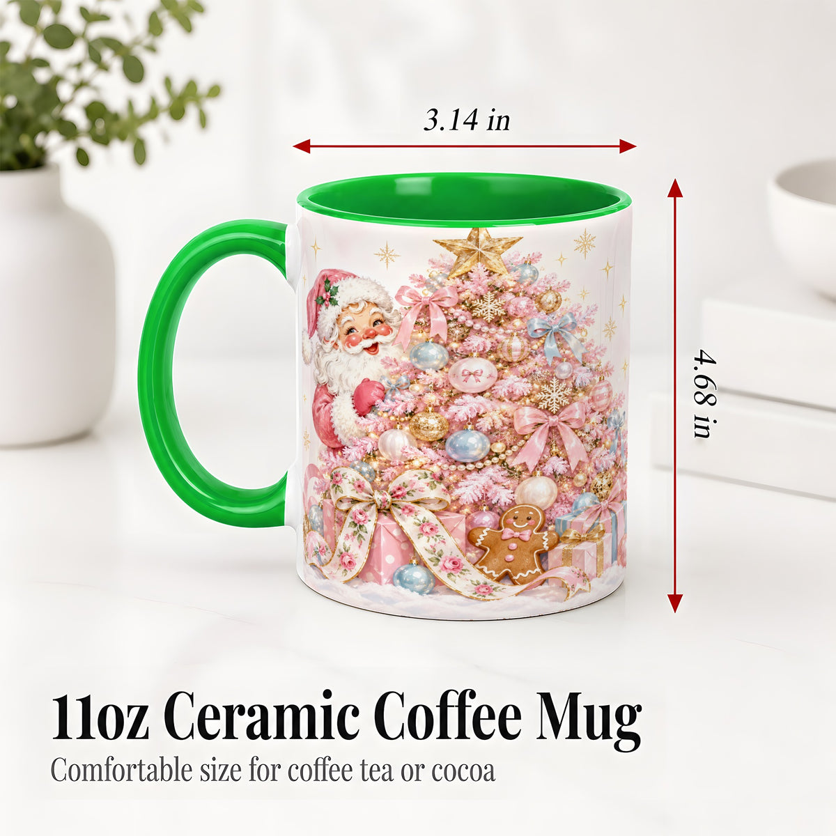 #pl[11oz|Green] Pink Christmas Tree Santa Ceramic Mug with Gingerbread Holiday Artwork
