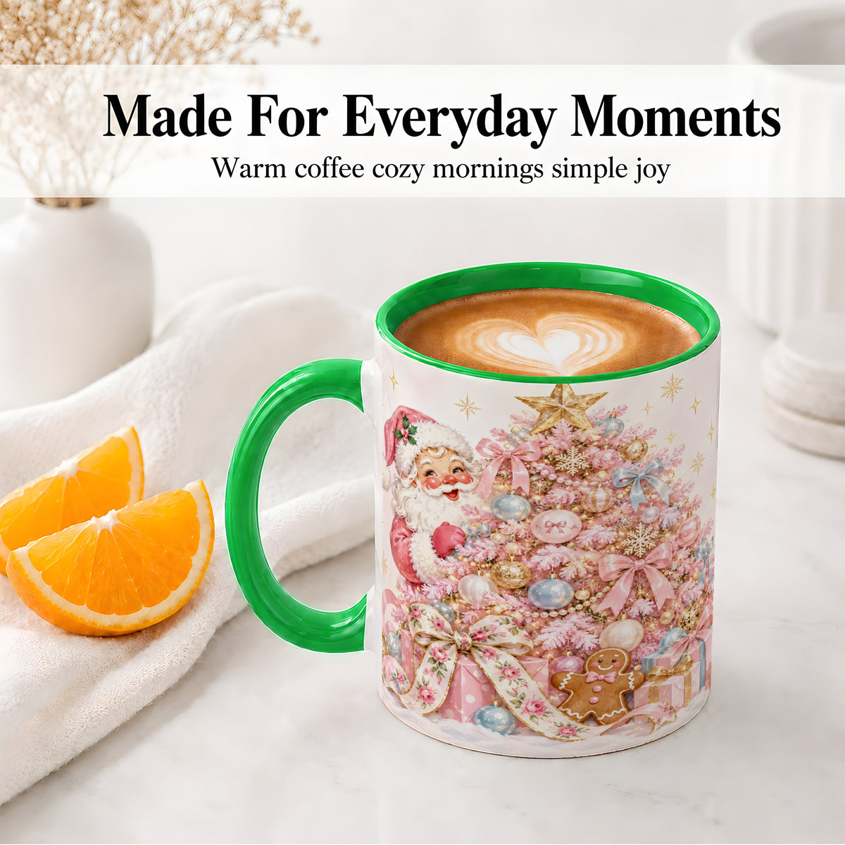 #pl[11oz|Green] Pink Christmas Tree Santa Ceramic Mug with Gingerbread Holiday Artwork