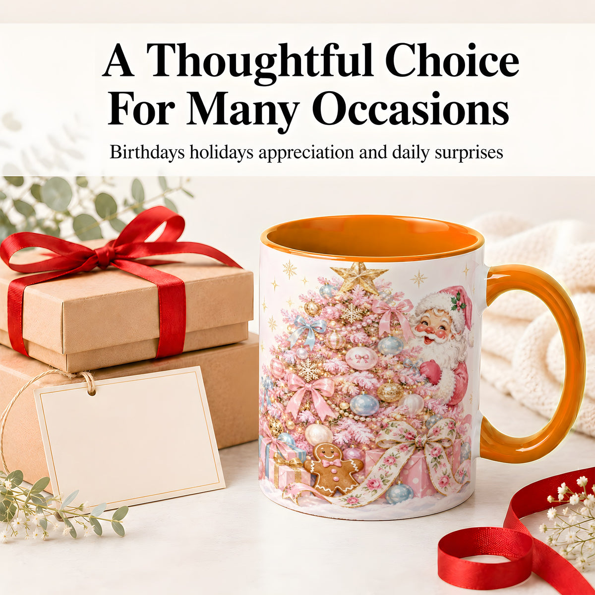#pl[11oz|Orange] Pink Christmas Tree Santa Ceramic Mug with Gingerbread Holiday Artwork