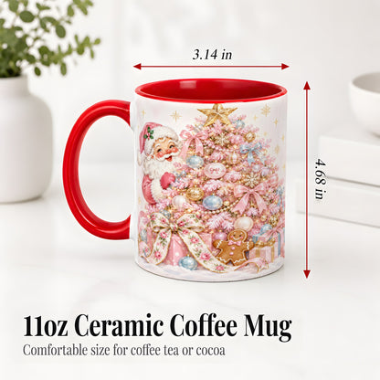 #pl[11oz|Red] Pink Christmas Tree Santa Ceramic Mug with Gingerbread Holiday Artwork