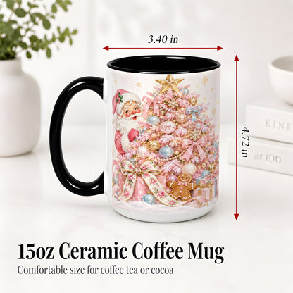 #pl[15oz|Black] Pink Christmas Tree Santa Ceramic Mug with Gingerbread Holiday Artwork