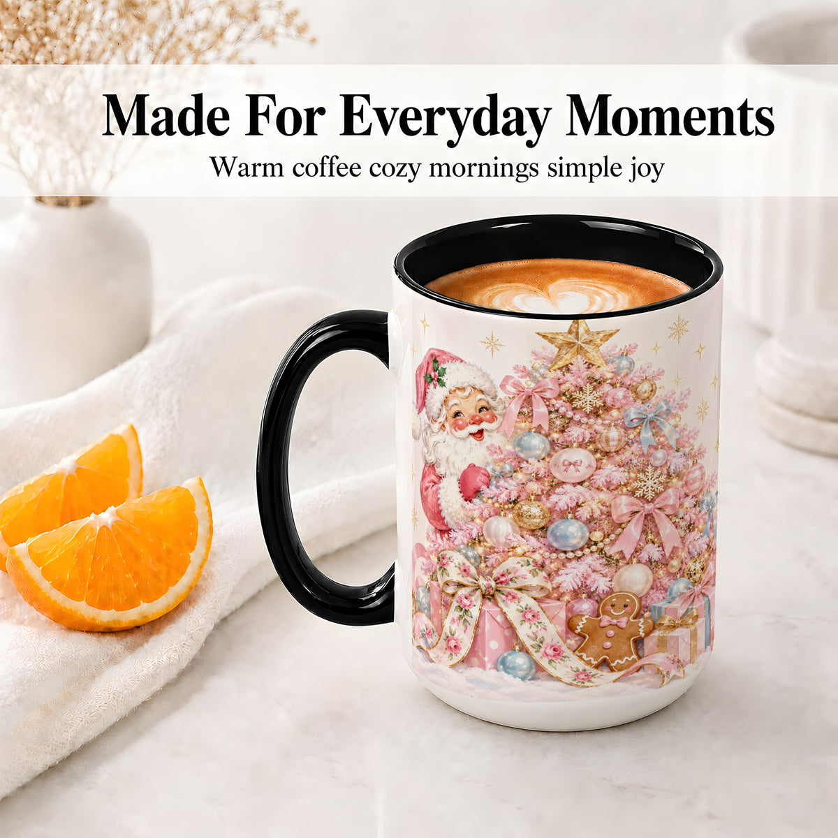 #pl[15oz|Black] Pink Christmas Tree Santa Ceramic Mug with Gingerbread Holiday Artwork