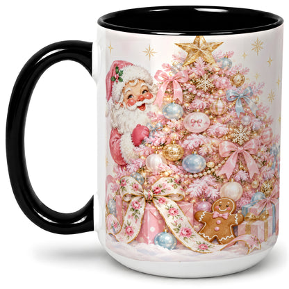 #pl[15oz|Black] Pink Christmas Tree Santa Ceramic Mug with Gingerbread Holiday Artwork