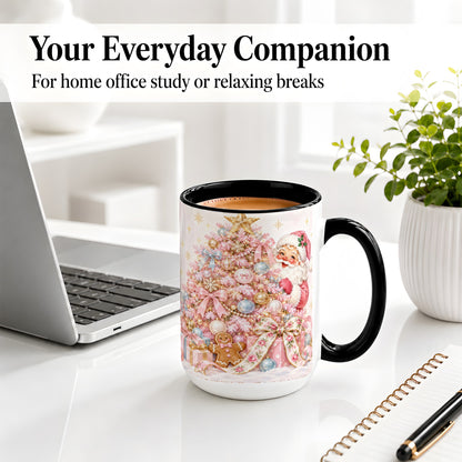 #pl[15oz|Black] Pink Christmas Tree Santa Ceramic Mug with Gingerbread Holiday Artwork