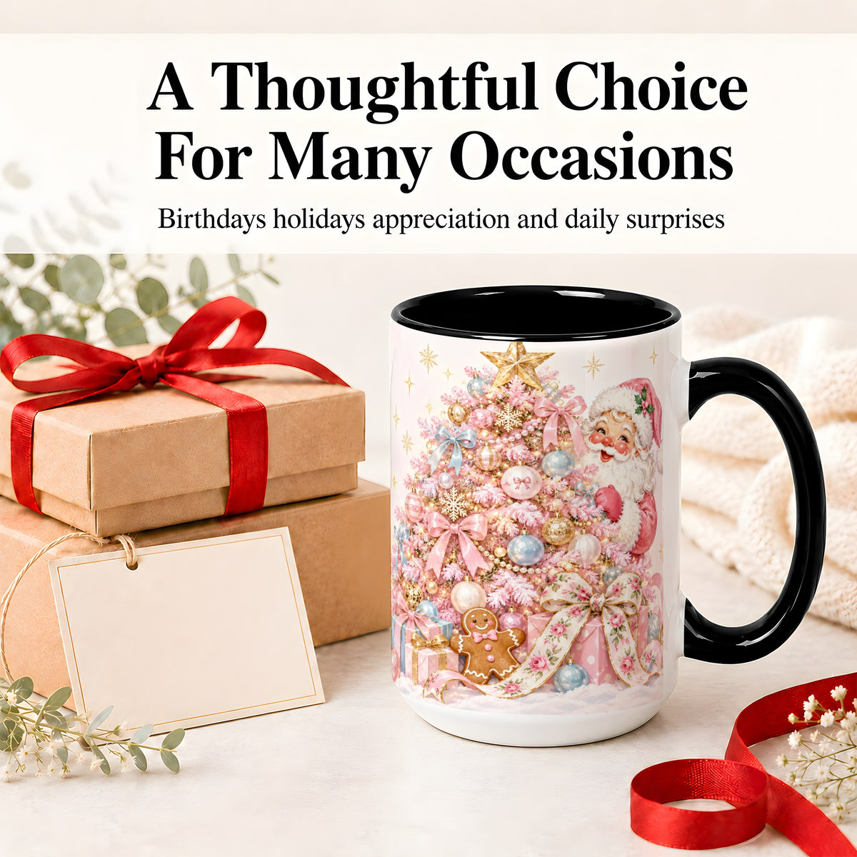 #pl[15oz|Black] Pink Christmas Tree Santa Ceramic Mug with Gingerbread Holiday Artwork