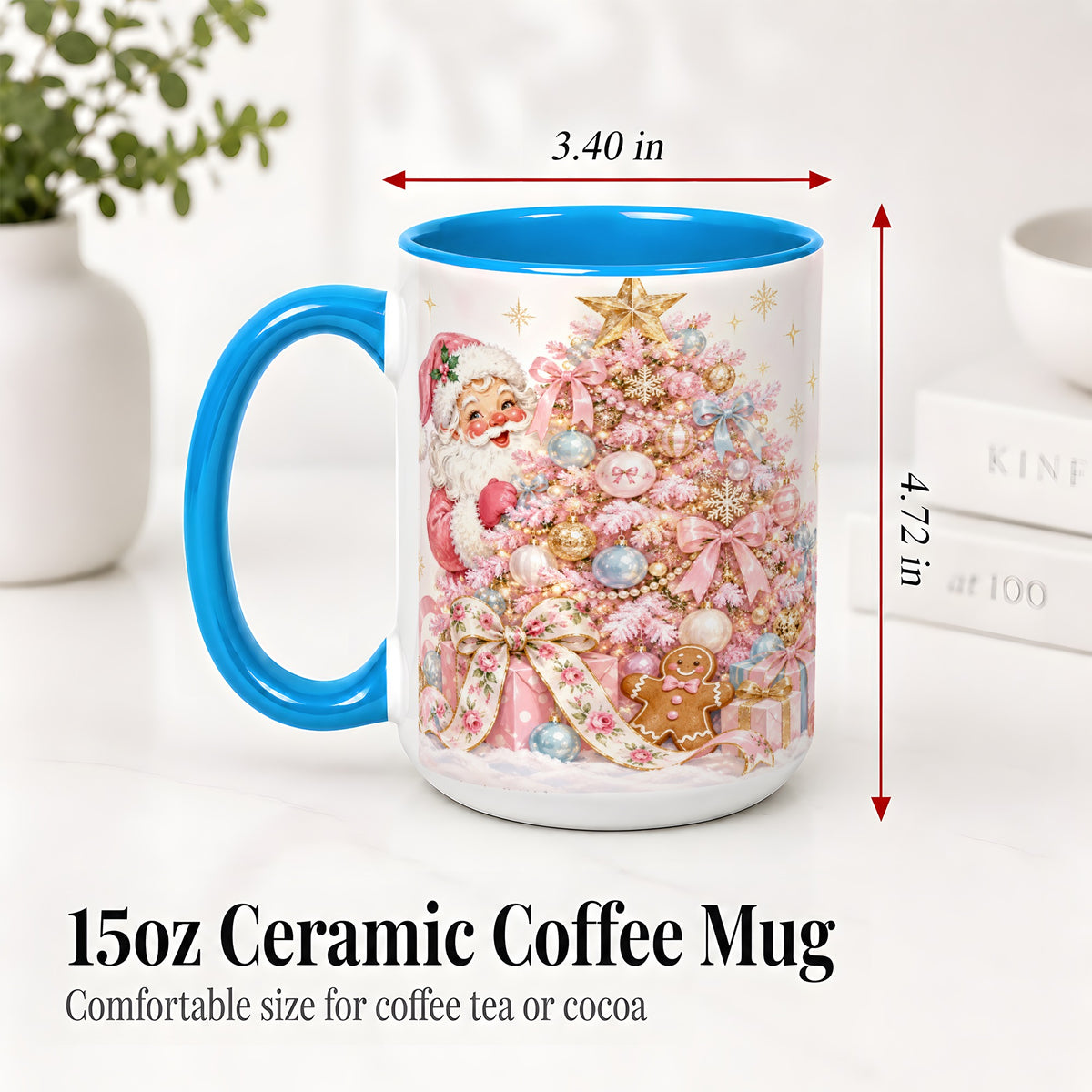 #pl[15oz|Blue] Pink Christmas Tree Santa Ceramic Mug with Gingerbread Holiday Artwork