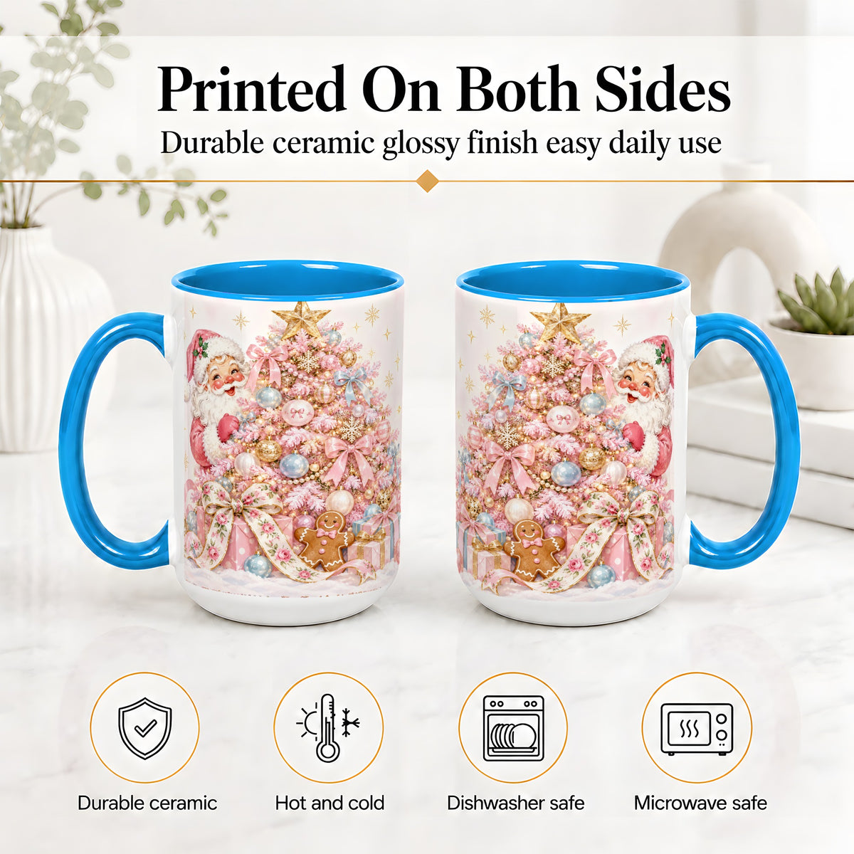 #pl[15oz|Blue] Pink Christmas Tree Santa Ceramic Mug with Gingerbread Holiday Artwork
