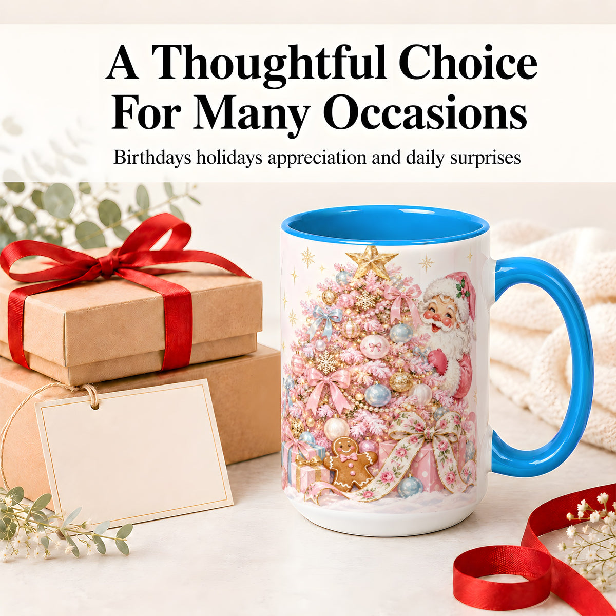 #pl[15oz|Blue] Pink Christmas Tree Santa Ceramic Mug with Gingerbread Holiday Artwork