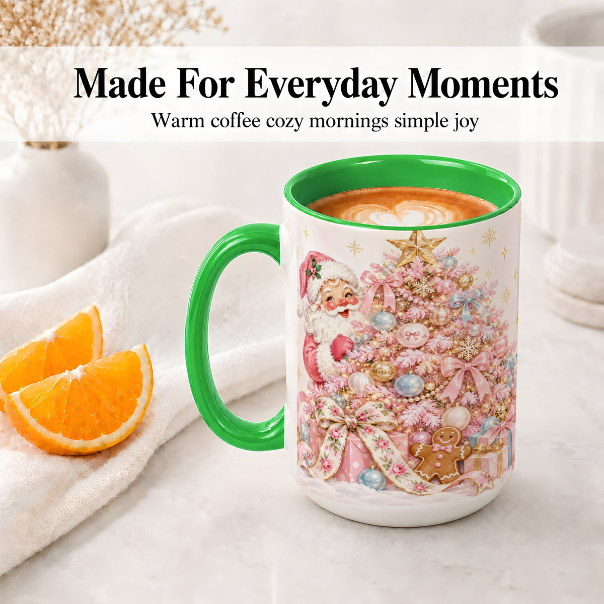 #pl[15oz|Green] Pink Christmas Tree Santa Ceramic Mug with Gingerbread Holiday Artwork