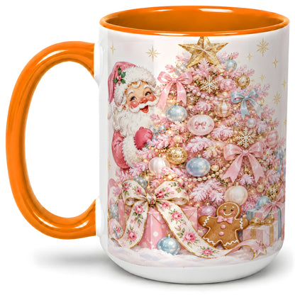 #pl[15oz|Orange] Pink Christmas Tree Santa Ceramic Mug with Gingerbread Holiday Artwork