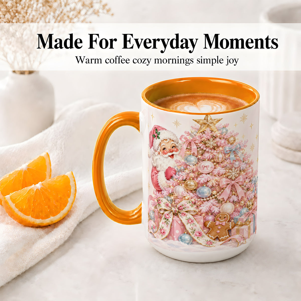 #pl[15oz|Orange] Pink Christmas Tree Santa Ceramic Mug with Gingerbread Holiday Artwork