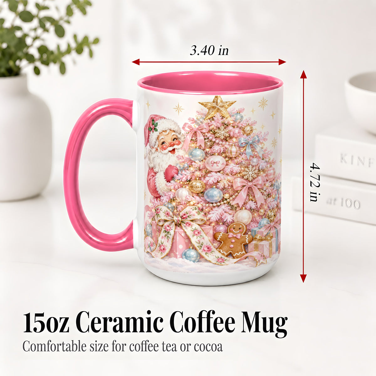 #pl[15oz|Pink] Pink Christmas Tree Santa Ceramic Mug with Gingerbread Holiday Artwork