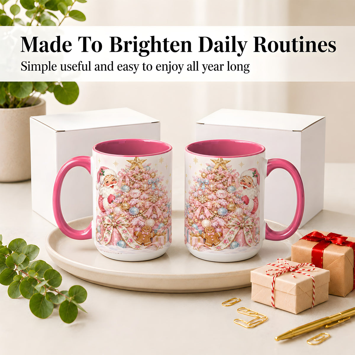 #pl[15oz|Pink] Pink Christmas Tree Santa Ceramic Mug with Gingerbread Holiday Artwork