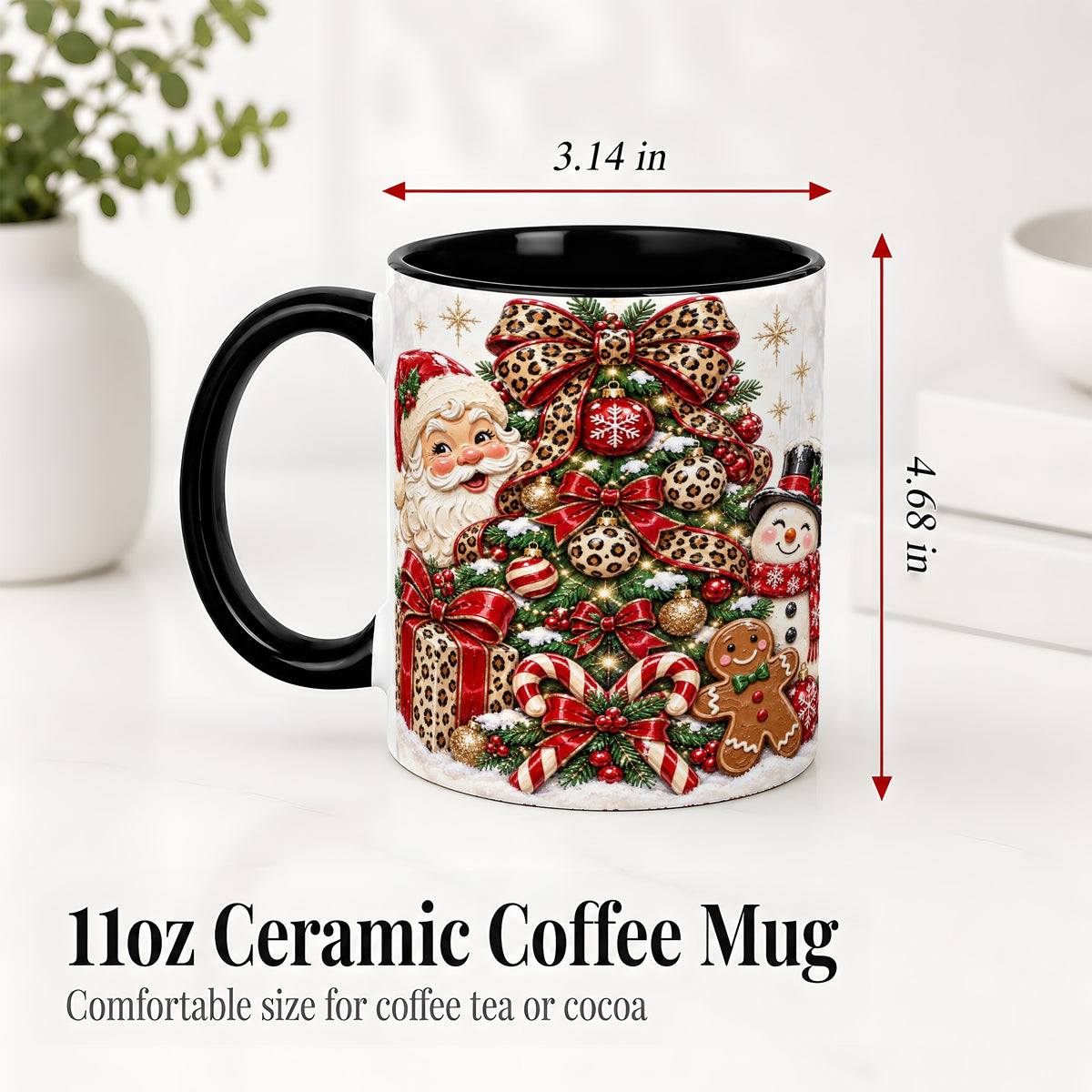 #pl[11oz|Black] Leopard Christmas Tree Santa Ceramic Mug with Snowman Holiday Artwork