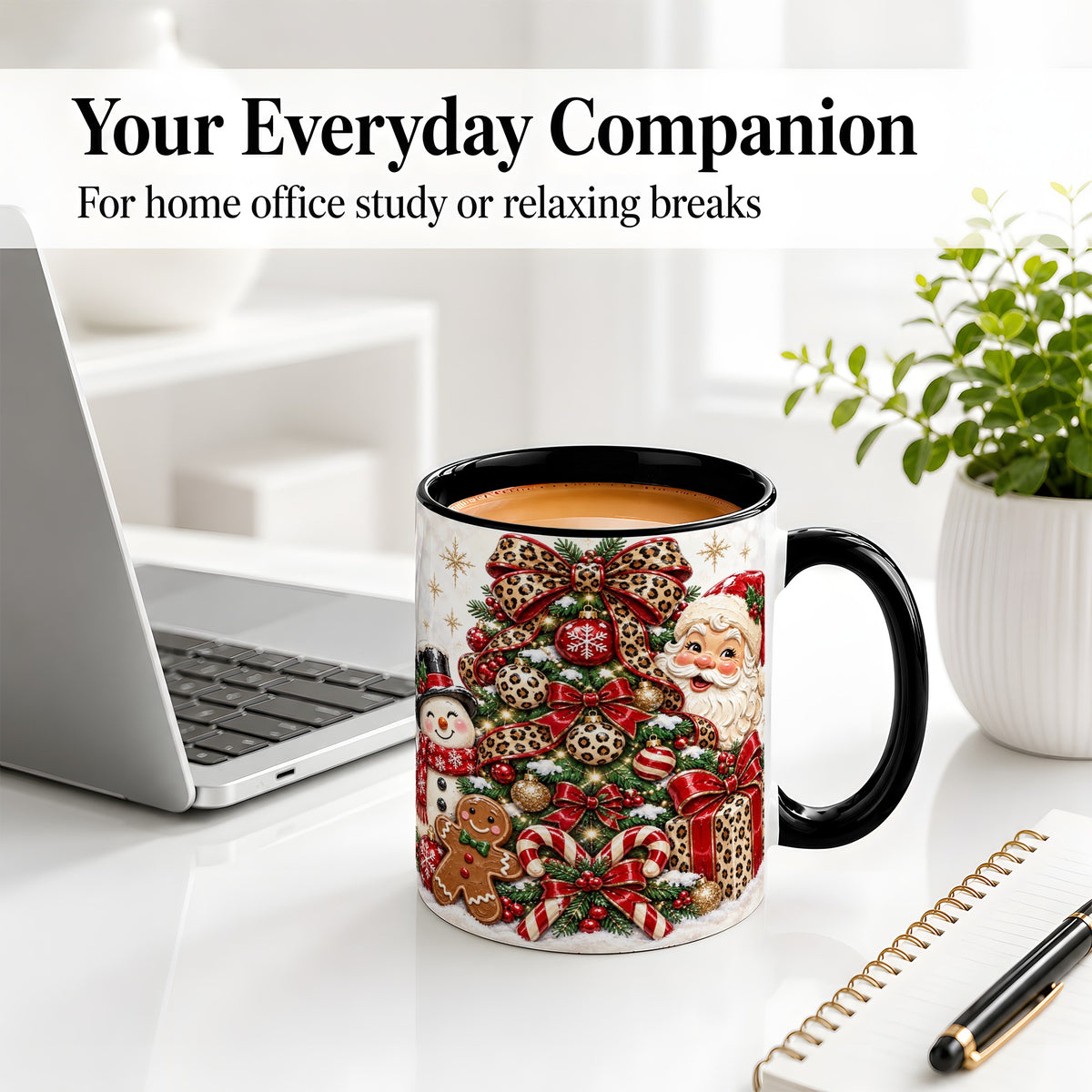 #pl[11oz|Black] Leopard Christmas Tree Santa Ceramic Mug with Snowman Holiday Artwork