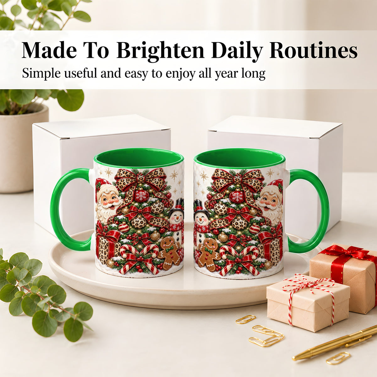 #pl[11oz|Green] Leopard Christmas Tree Santa Ceramic Mug with Snowman Holiday Artwork