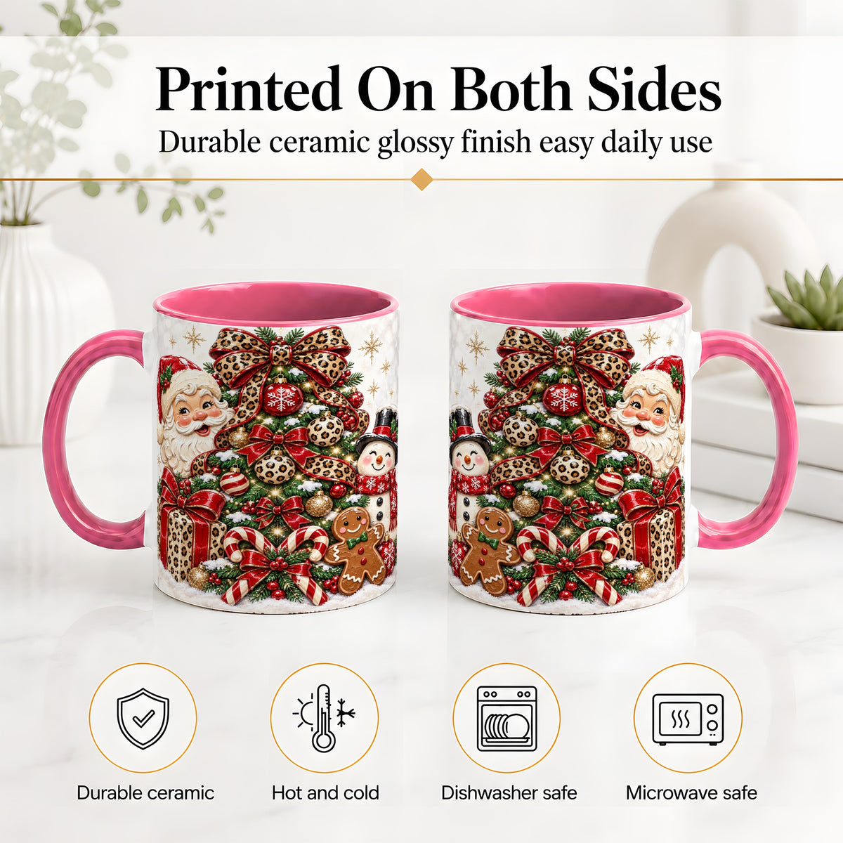 #pl[11oz|Pink] Leopard Christmas Tree Santa Ceramic Mug with Snowman Holiday Artwork