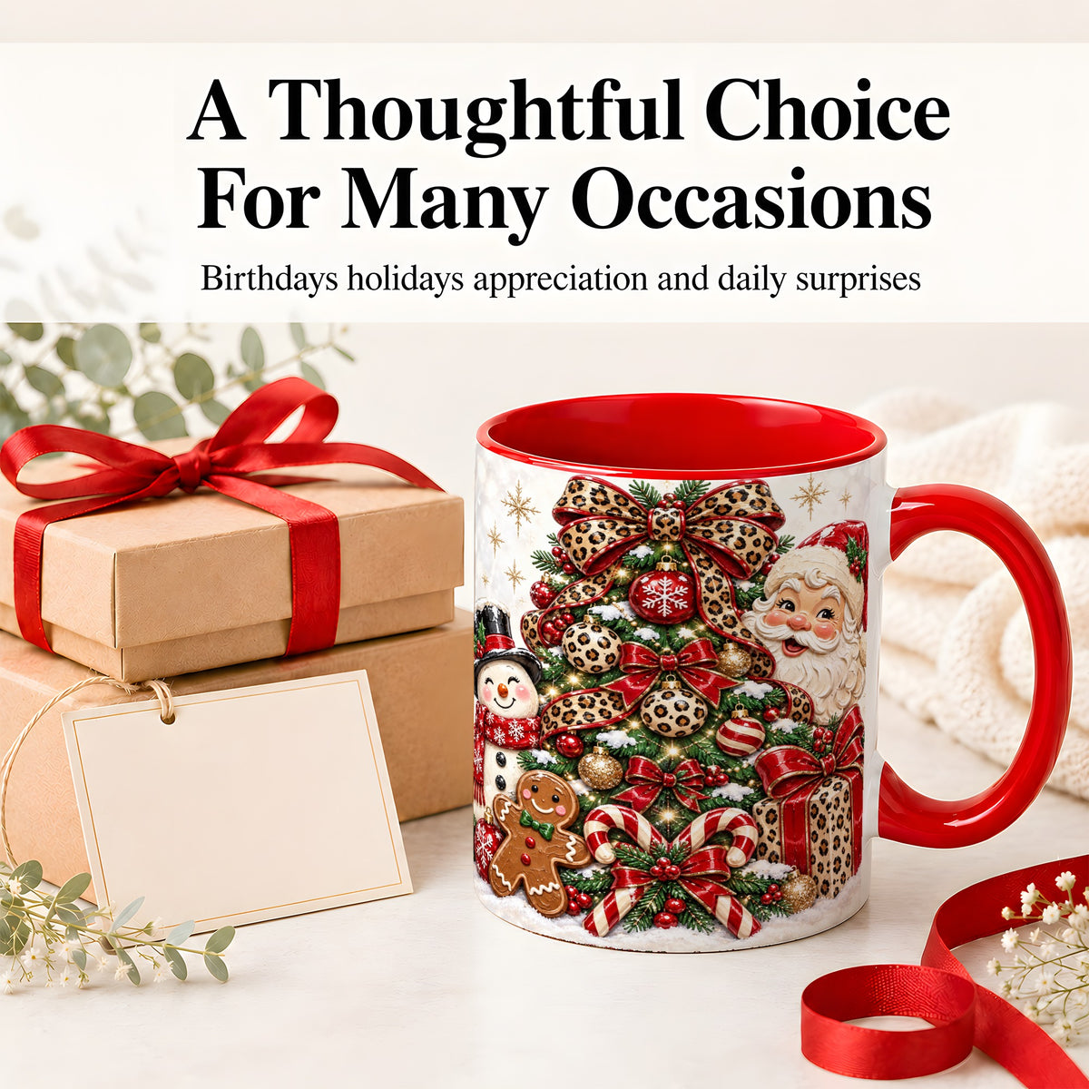 #pl[11oz|Red] Leopard Christmas Tree Santa Ceramic Mug with Snowman Holiday Artwork