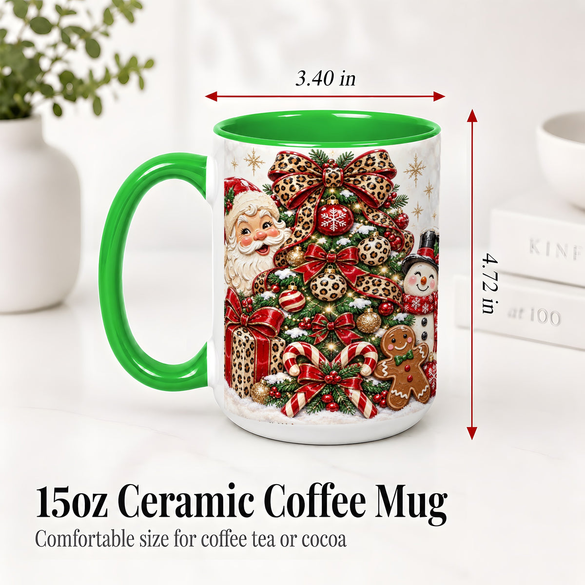 #pl[15oz|Green] Leopard Christmas Tree Santa Ceramic Mug with Snowman Holiday Artwork