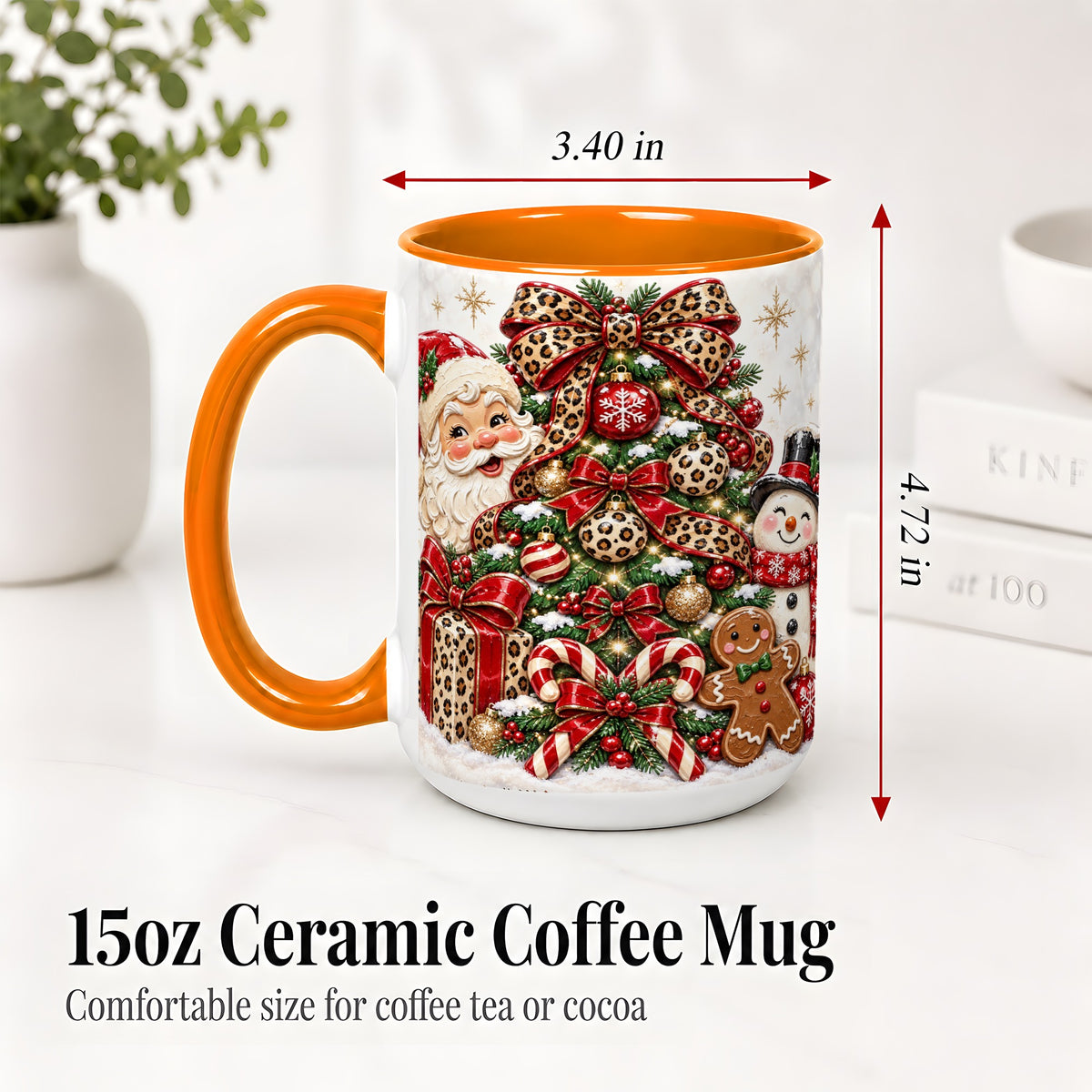 #pl[15oz|Orange] Leopard Christmas Tree Santa Ceramic Mug with Snowman Holiday Artwork