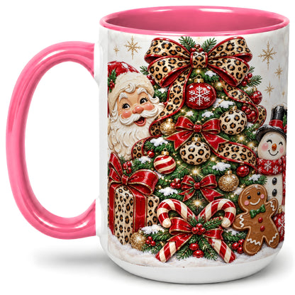 #pl[15oz|Pink] Leopard Christmas Tree Santa Ceramic Mug with Snowman Holiday Artwork