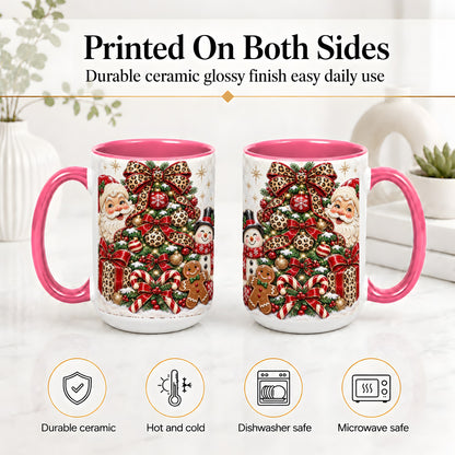 #pl[15oz|Pink] Leopard Christmas Tree Santa Ceramic Mug with Snowman Holiday Artwork