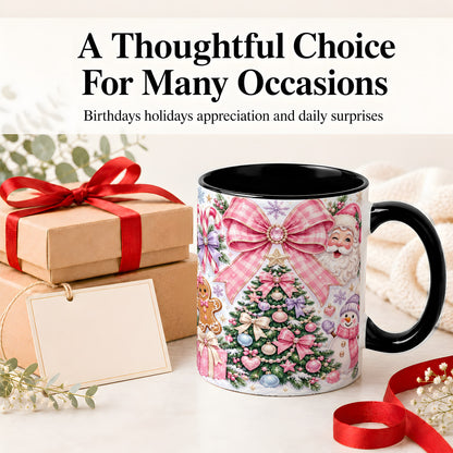 #pl[11oz|Black] Pink Bow Christmas Ceramic Mug with Santa Snowman Holiday Artwork