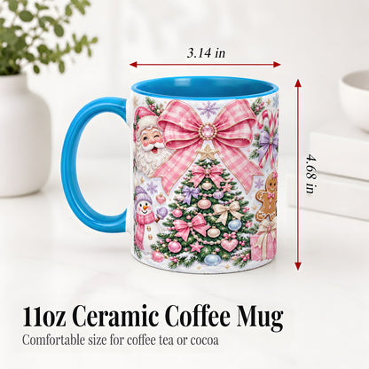 #pl[11oz|Blue] Pink Bow Christmas Ceramic Mug with Santa Snowman Holiday Artwork