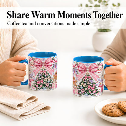 #pl[11oz|Blue] Pink Bow Christmas Ceramic Mug with Santa Snowman Holiday Artwork
