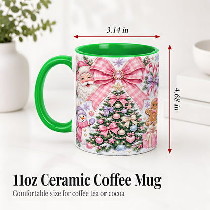 #pl[11oz|Green] Pink Bow Christmas Ceramic Mug with Santa Snowman Holiday Artwork