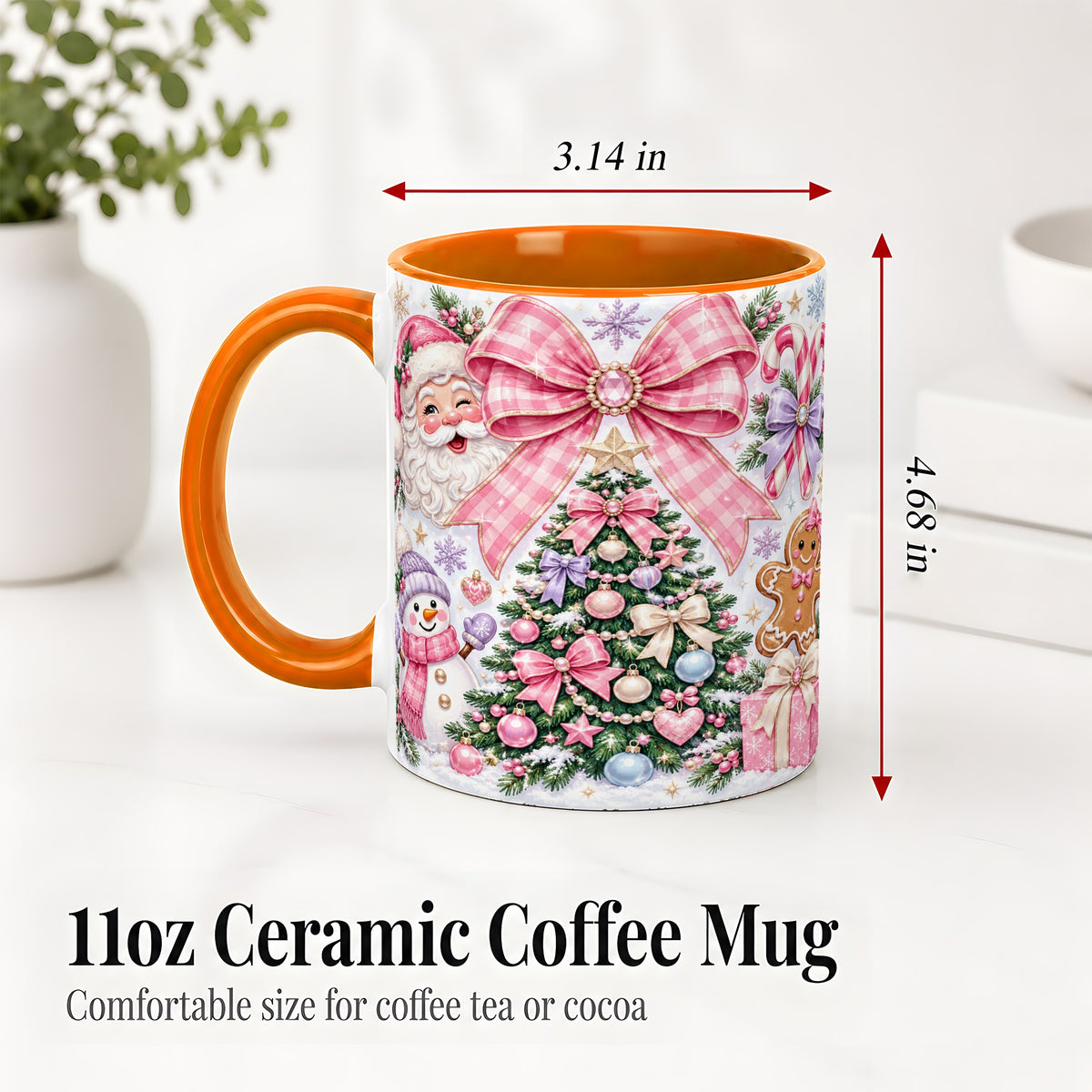 #pl[11oz|Orange] Pink Bow Christmas Ceramic Mug with Santa Snowman Holiday Artwork