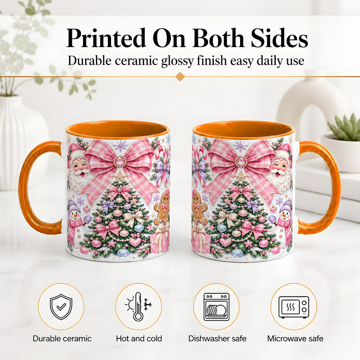 #pl[11oz|Orange] Pink Bow Christmas Ceramic Mug with Santa Snowman Holiday Artwork