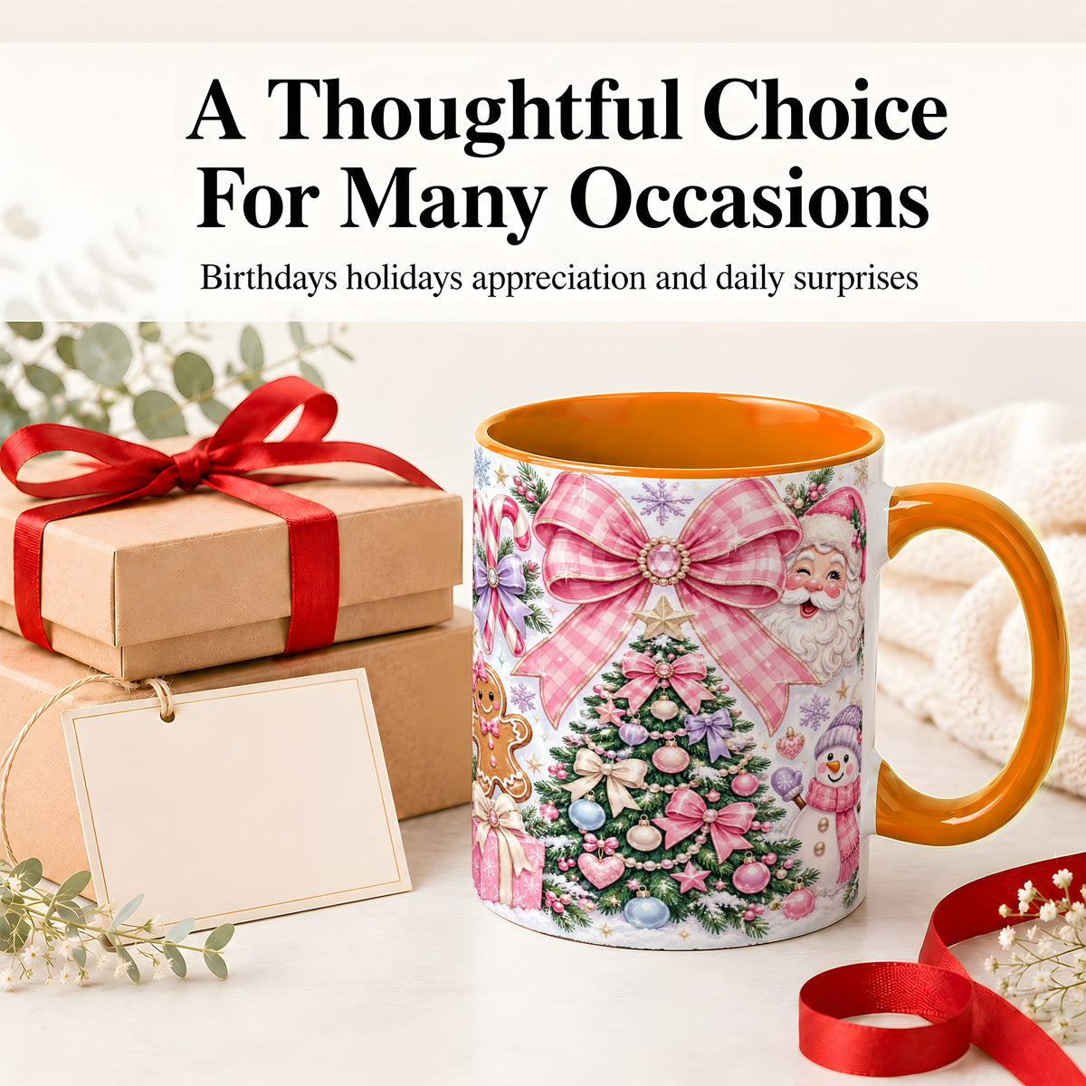 #pl[11oz|Orange] Pink Bow Christmas Ceramic Mug with Santa Snowman Holiday Artwork