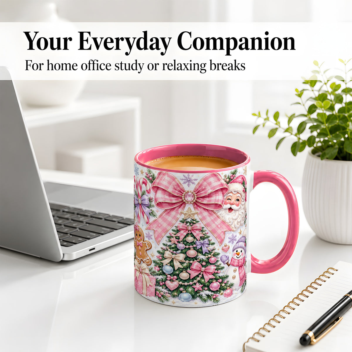 #pl[11oz|Pink] Pink Bow Christmas Ceramic Mug with Santa Snowman Holiday Artwork