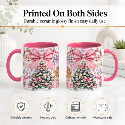#pl[11oz|Pink] Pink Bow Christmas Ceramic Mug with Santa Snowman Holiday Artwork