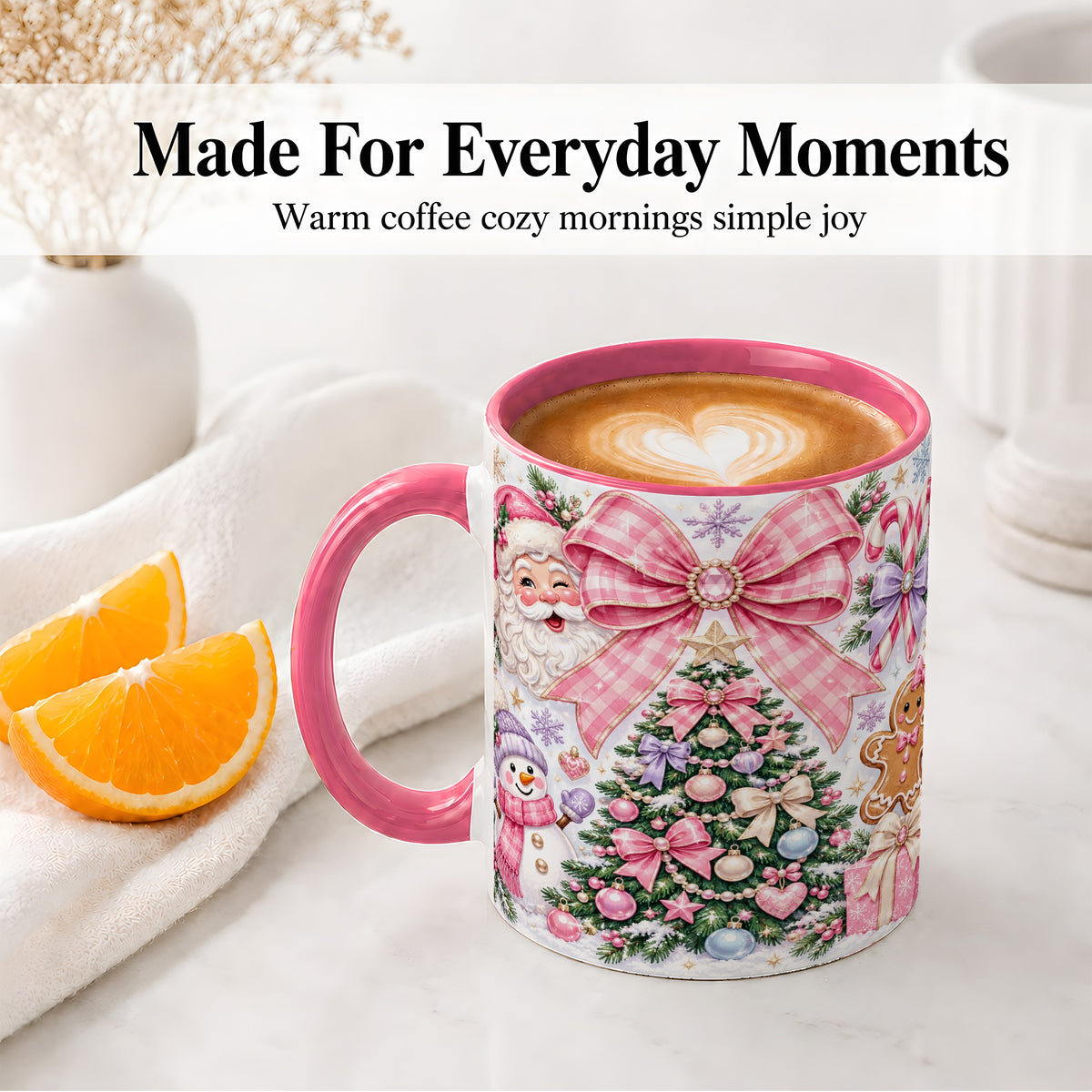 #pl[11oz|Pink] Pink Bow Christmas Ceramic Mug with Santa Snowman Holiday Artwork